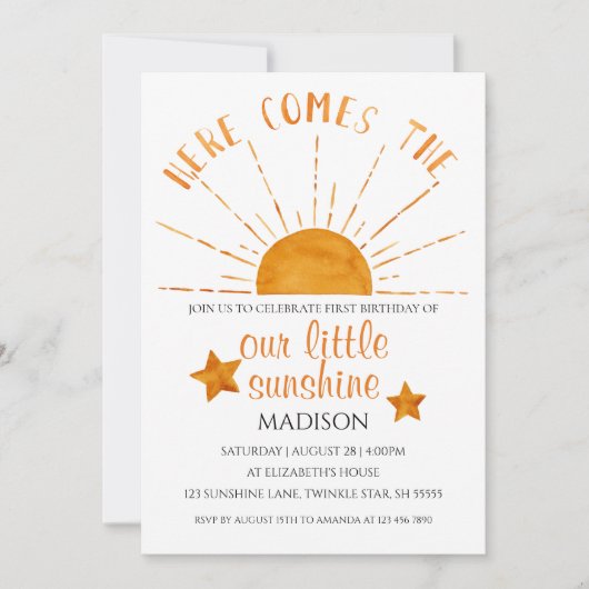 Hier komt de zon - Waterverf 1e verjaardag Kaart (Voorkant)