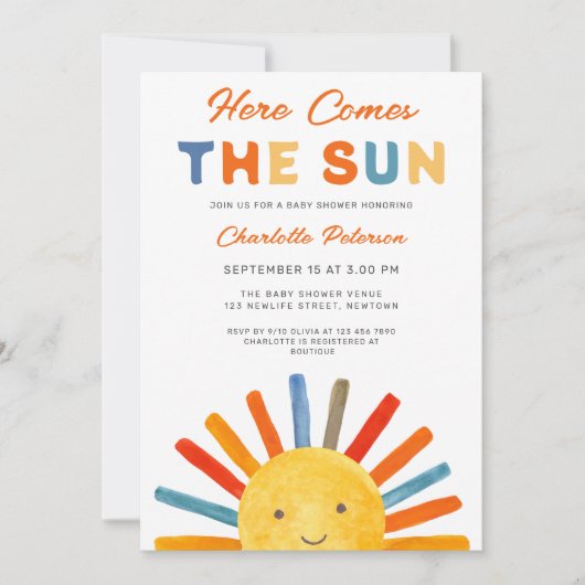 Hier komt de zon zonneschijn Baby shower Kaart (Voorkant)