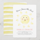 Hier komt de zongele Waterverf 1e verjaardag Kaart (Voorkant / Achterkant)