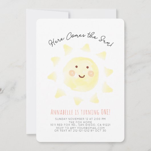 Hier komt de zongele Waterverf 1e verjaardag Kaart (Voorkant)