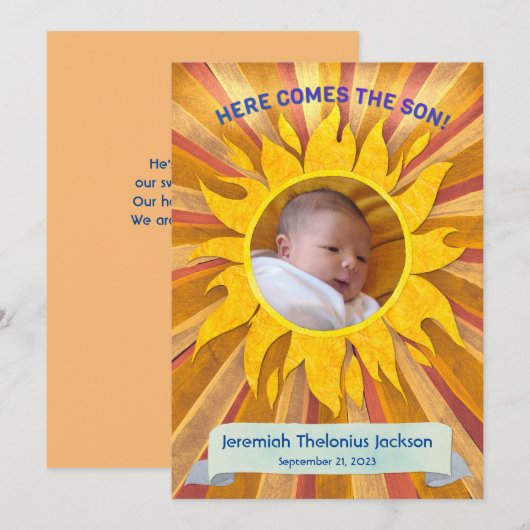 Hier komt de zoon aangepaste foto geboorte aankond aankondiging (Voorkant / Achterkant)