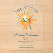 Hier komt de zoon baby jongen douche acryl uitnodigingen (Voorkant)