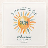 Hier komt de zoon baby jongen douche glazen onderzetter (Voorkant)