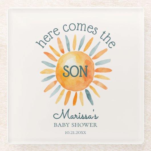 Hier komt de zoon baby jongen douche glazen onderzetter (Voorkant)