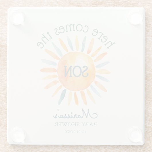 Hier komt de zoon baby jongen douche glazen onderzetter (Achterkant)