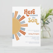 Hier komt de zoon baby jongen douche kaart (Staand voorkant)