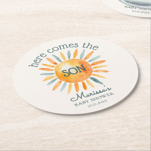 Hier komt de zoon baby jongen douche ronde kartonnen onderzetter