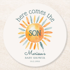 Hier komt de zoon baby jongen douche ronde kartonnen onderzetter