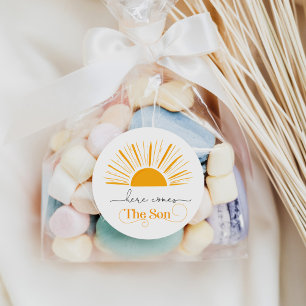 Hier komt de zoon baby shower bedankt ronde sticker
