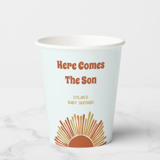 Hier komt de zoon Baby shower Boho Sunshine Papieren Bekers (Achterkant)