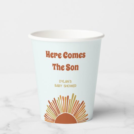Hier komt de zoon Baby shower Boho Sunshine Papieren Bekers (Voorkant)