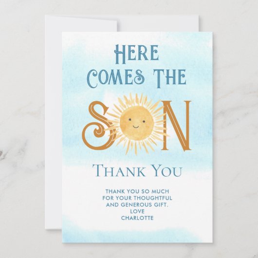Hier komt de zoon Baby shower dank u Bedankkaart (Voorkant)