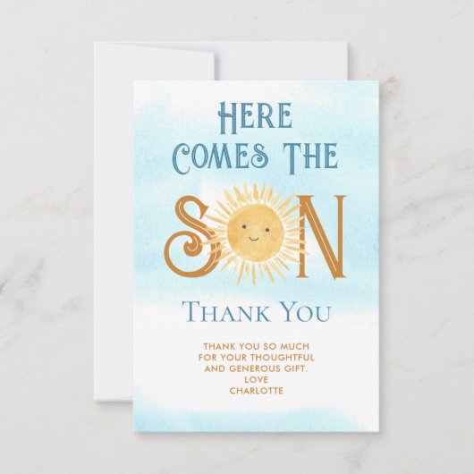 Hier komt de zoon Baby shower dank u Bedankkaart (Voorkant)