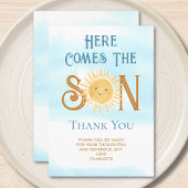 Hier komt de zoon Baby shower dank u Bedankkaart