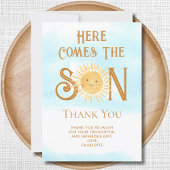 Hier komt de zoon Baby shower dank u Bedankkaart