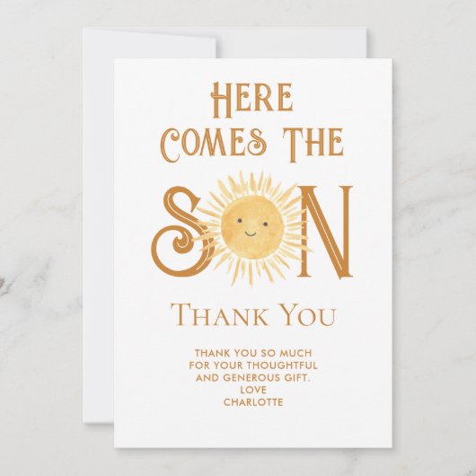 Hier komt de zoon Baby shower dank u Bedankkaart (Voorkant)