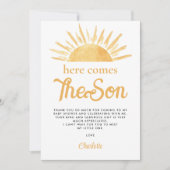 Hier komt de zoon Baby shower dank u Bedankkaart (Voorkant)