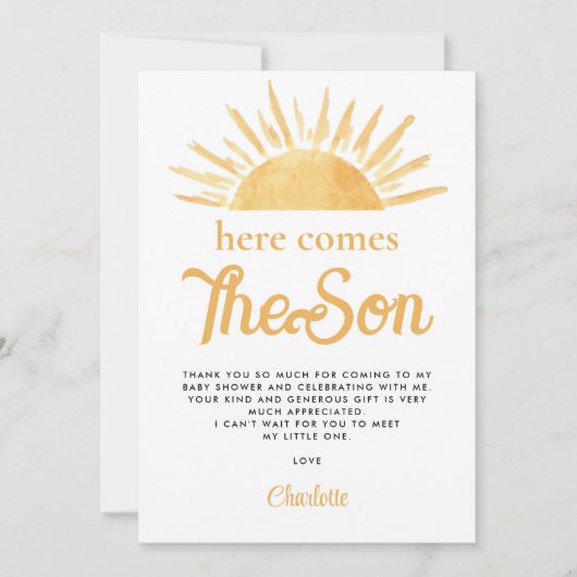 Hier komt de zoon Baby shower dank u Bedankkaart (Voorkant)
