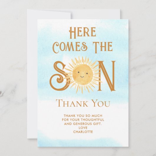 Hier komt de zoon Baby shower dank u Bedankkaart (Voorkant)