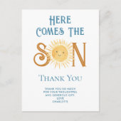 Hier komt de zoon Baby shower dank u Briefkaart (Voorkant)