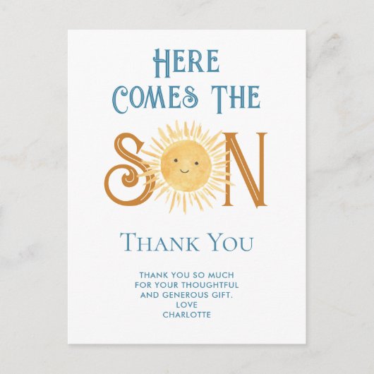 Hier komt de zoon Baby shower dank u Briefkaart (Voorkant)
