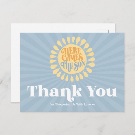 Hier komt de zoon Baby shower dank u Briefkaart (Voorkant / Achterkant)
