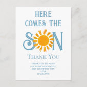 Hier komt de zoon Baby shower dank u Briefkaart (Voorkant)