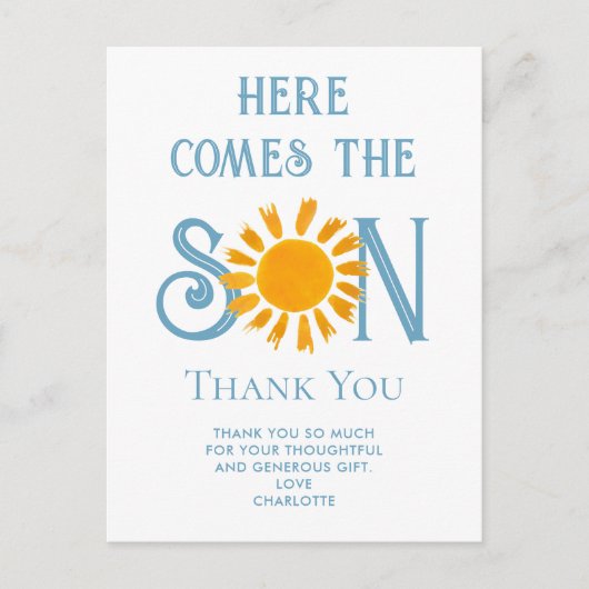 Hier komt de zoon Baby shower dank u Briefkaart (Voorkant)