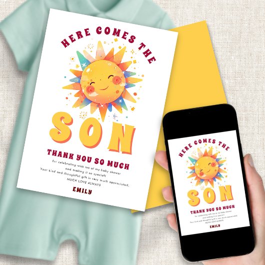 Hier komt de zoon Baby shower dank u Kaart
