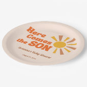 Hier komt de zoon baby shower groovy retro papieren bordje (Gekanteld)