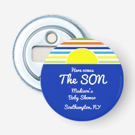 Hier komt de zoon Baby shower gunst Button Flesopener
