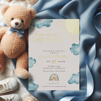 Hier Komt De Zoon Baby Shower Jongen Blauw Goud Folie Uitnodiging