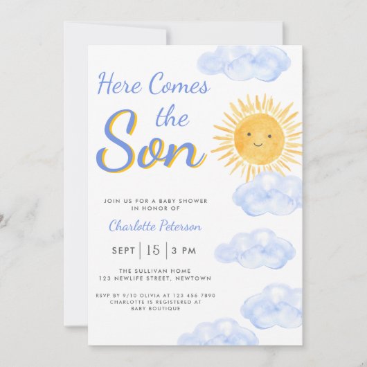 Hier komt de zoon Baby shower Kaart (Voorkant)