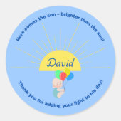 Hier komt de zoon Baby shower Sticker voor jongen (Voorkant)