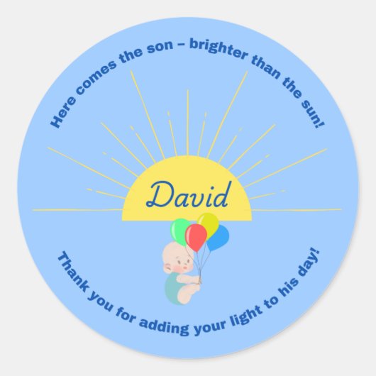Hier komt de zoon Baby shower Sticker voor jongen (Voorkant)