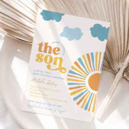 Hier komt de zoon baby shower uitnodiging