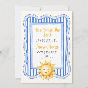 "Hier komt de zoon" baby shower uitnodiging jongen