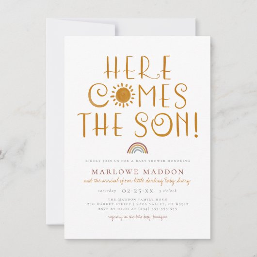 Hier komt de zoon | Baby shower van Boho Rainbow B Kaart (Voorkant)