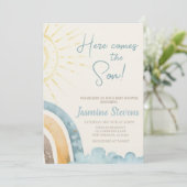 Hier komt de zoon Baby uitnodigen Kaart (Staand voorkant)