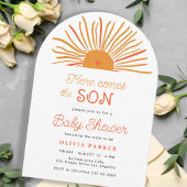 Hier komt de zoon boho arch zon jongen baby shower kaart