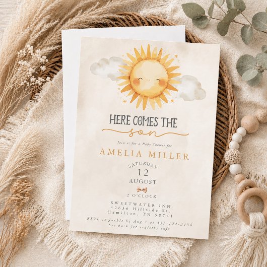 Hier komt de zoon Boho jongen baby shower Kaart