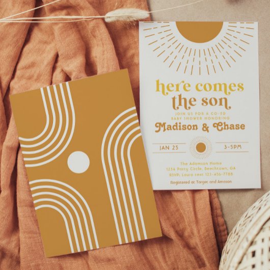 Hier komt de zoon Co-Ed baby shower uitnodiging