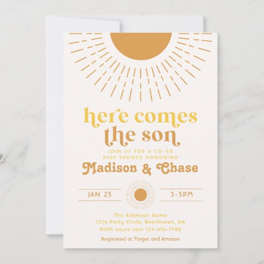 Hier komt de zoon Co-Ed babyshower uitnodiging (Voorkant)