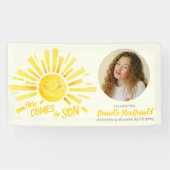 Hier komt de zoon geel zon foto baby shower spandoek (Horizontaal)