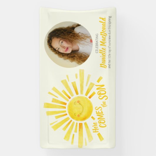 Hier komt de zoon geel zon foto baby shower spandoek (Verticaal)