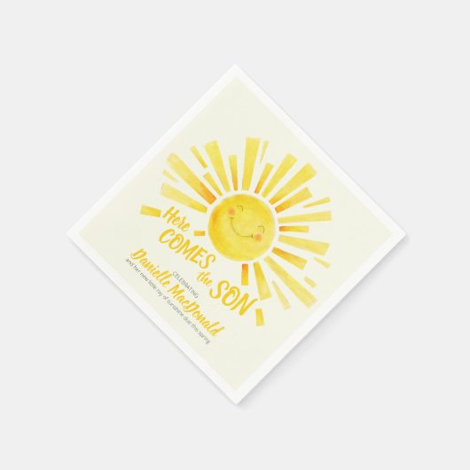 Hier komt de zoon gele zon grillige baby shower servet (Hoek)