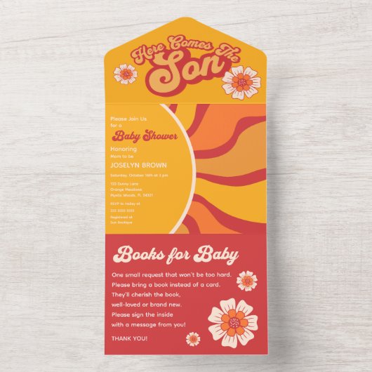 Hier komt de zoon Groovy Sunshine Baby Jongensdouc All In One Uitnodiging (Binnen)