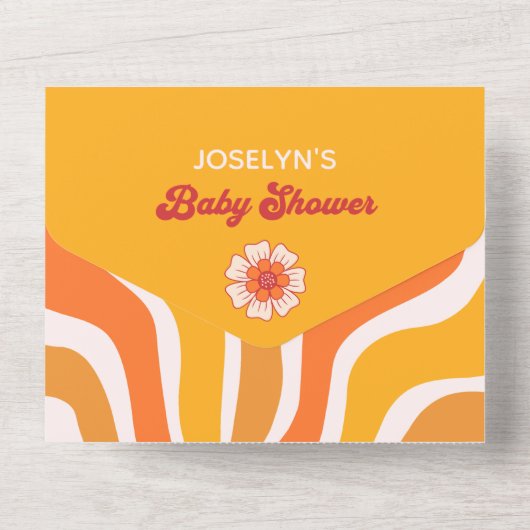 Hier komt de zoon Groovy Sunshine Baby Jongensdouc All In One Uitnodiging (Achterkant)