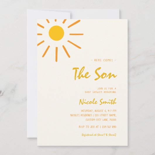 Hier komt de zoon handschrift jongen Baby shower Kaart (Voorkant)