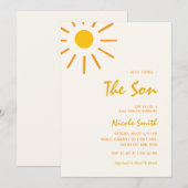 Hier komt de zoon handschrift jongen Baby shower Kaart (Voorkant / Achterkant)